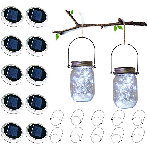 Solar Mason Jar Lid Lights, 10 Pack 30 LED Waterproof Firefly Fairy Lights with Hangers(No Jars), Outdoor Starry String Lights for Patio Yard Garden Wedding Lantern Decor (Cool White)