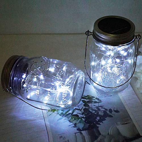 Solar Mason Jar Lid Lights, 10 Pack 30 LED Waterproof Firefly Fairy Lights with Hangers(No Jars), Outdoor Starry String Lights for Patio Yard Garden Wedding Lantern Decor (Cool White)