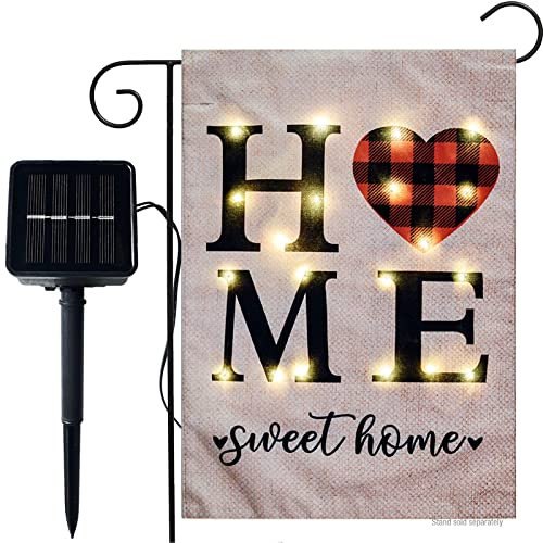 Home Sweet Home Heart Yard Garden Flag With Lights- Solar LED Burlap Buffalo Plaid All Seasons Garden Flags Banner 12x18 Double Sided for Patio Lawn Yard Outside Decoration Farmhouse