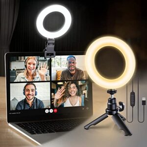 ring light for computer video conference lighting – laptop ring light with clip and tripod for zoom meeting, video calls, webcam lighting, online learning, live streaming, self broadcasting