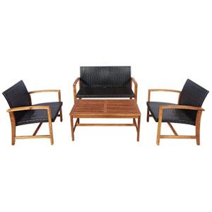 happygrill 4 pieces patio furniture set outdoor patio conversation set with coffee table loveseat armchairs, solid acacia wood, pe wicker surface, modern chat set for deck poolside and backyard