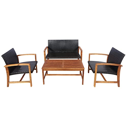 HAPPYGRILL 4 Pieces Patio Furniture Set Outdoor Patio Conversation Set with Coffee Table Loveseat Armchairs, Solid Acacia Wood, PE Wicker Surface, Modern Chat Set for Deck Poolside and Backyard