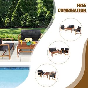 HAPPYGRILL 4 Pieces Patio Furniture Set Outdoor Patio Conversation Set with Coffee Table Loveseat Armchairs, Solid Acacia Wood, PE Wicker Surface, Modern Chat Set for Deck Poolside and Backyard