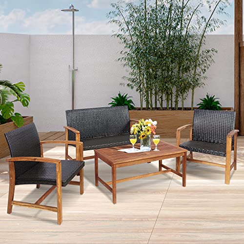 HAPPYGRILL 4 Pieces Patio Furniture Set Outdoor Patio Conversation Set with Coffee Table Loveseat Armchairs, Solid Acacia Wood, PE Wicker Surface, Modern Chat Set for Deck Poolside and Backyard