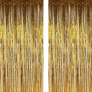 twinkle star 2 pack photo booth backdrop metallic tinsel foil fringe curtains environmental background for birthday wedding party christmas decorations (gold)