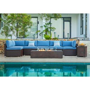 cosiest 9 piece propane fire pit outdoor wicker sectional sofa, chocolate brown patio furniture set w 56″x28″ rectangle bronze fire table (50,000 btu), tank cover and wind glass for garden,yard