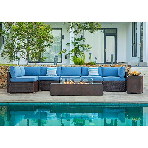 COSIEST 9 Piece Propane Fire Pit Outdoor Wicker Sectional Sofa, Chocolate Brown Patio Furniture Set w 56"X28" Rectangle Bronze Fire Table (50,000 BTU), Tank Cover and Wind Glass for Garden,Yard