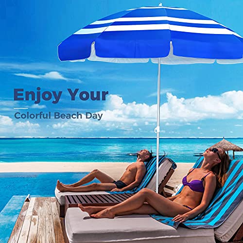 OCOOPA Beach Umbrella UV 50+, 6.5ft Umbrella with Sand Anchor & Aluminum Pole, Portable Beach Umbrella with Carry Bag for Beach Patio Garden Pool Backyard (Blue & White, 6.5 FT Umbrella)