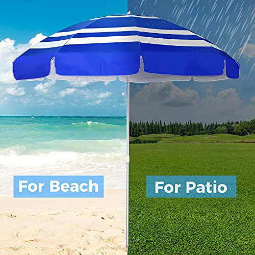 OCOOPA Beach Umbrella UV 50+, 6.5ft Umbrella with Sand Anchor & Aluminum Pole, Portable Beach Umbrella with Carry Bag for Beach Patio Garden Pool Backyard (Blue & White, 6.5 FT Umbrella)