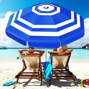 OCOOPA Beach Umbrella UV 50+, 6.5ft Umbrella with Sand Anchor & Aluminum Pole, Portable Beach Umbrella with Carry Bag for Beach Patio Garden Pool Backyard (Blue & White, 6.5 FT Umbrella)