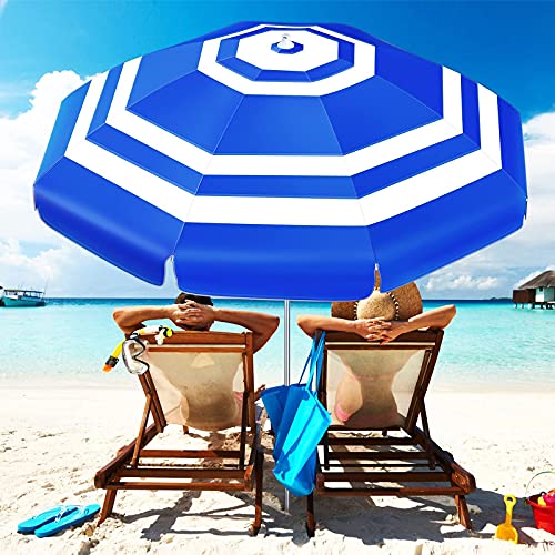 OCOOPA Beach Umbrella UV 50+, 6.5ft Umbrella with Sand Anchor & Aluminum Pole, Portable Beach Umbrella with Carry Bag for Beach Patio Garden Pool Backyard (Blue & White, 6.5 FT Umbrella)