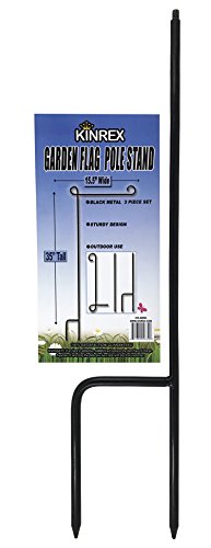 KINREX Garden Flag Pole Holder Stand - Black Metal Iron Wrought Stake Poles for Outdoor Garden Lawn Yard - 3 Piece Set - 35" Tall x 15.5" Wide