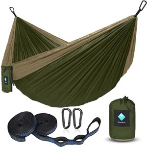 double hammocks for camping, portable parachute hammock for outdoor hiking travel backpacking – hammocks swing for backyard & garden 78”w 118”l (khaki/green)