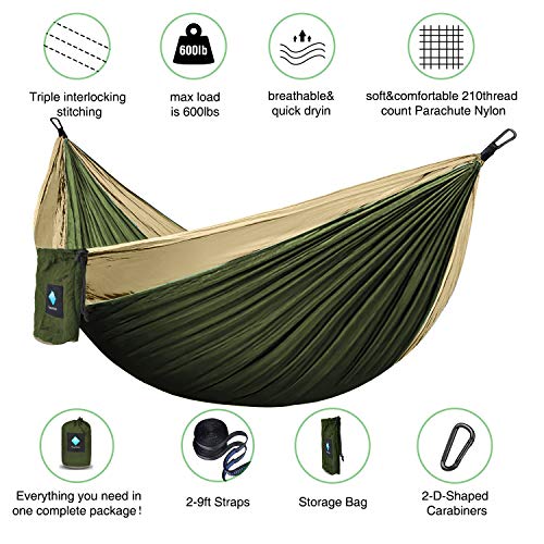 Double Hammocks for Camping, Portable Parachute Hammock for Outdoor Hiking Travel Backpacking - Hammocks Swing for Backyard & Garden 78''W 118''L (Khaki/Green)