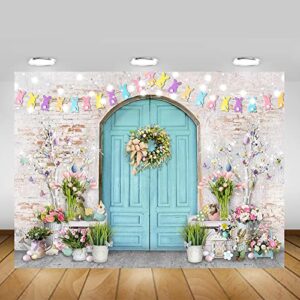 Mocsicka Easter Backdrop Blue Wooden Doors Brick Wall Bunny Rabbit Spring Photography Backdrops Easter Day Party Decorations Easter Photo Background Photo Studio Props (7x5ft (82x60 inch))