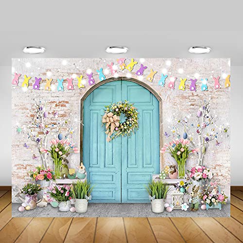 Mocsicka Easter Backdrop Blue Wooden Doors Brick Wall Bunny Rabbit Spring Photography Backdrops Easter Day Party Decorations Easter Photo Background Photo Studio Props (7x5ft (82x60 inch))