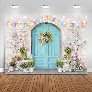Mocsicka Easter Backdrop Blue Wooden Doors Brick Wall Bunny Rabbit Spring Photography Backdrops Easter Day Party Decorations Easter Photo Background Photo Studio Props (7x5ft (82x60 inch))