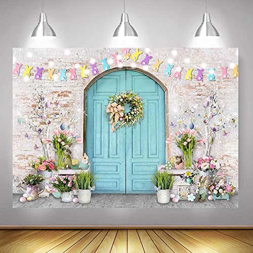 Mocsicka Easter Backdrop Blue Wooden Doors Brick Wall Bunny Rabbit Spring Photography Backdrops Easter Day Party Decorations Easter Photo Background Photo Studio Props (7x5ft (82x60 inch))