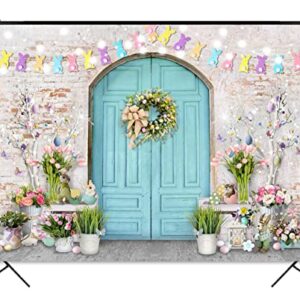 Mocsicka Easter Backdrop Blue Wooden Doors Brick Wall Bunny Rabbit Spring Photography Backdrops Easter Day Party Decorations Easter Photo Background Photo Studio Props (7x5ft (82x60 inch))