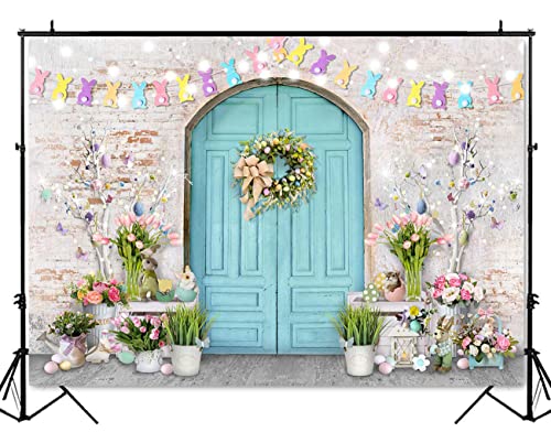 Mocsicka Easter Backdrop Blue Wooden Doors Brick Wall Bunny Rabbit Spring Photography Backdrops Easter Day Party Decorations Easter Photo Background Photo Studio Props (7x5ft (82x60 inch))