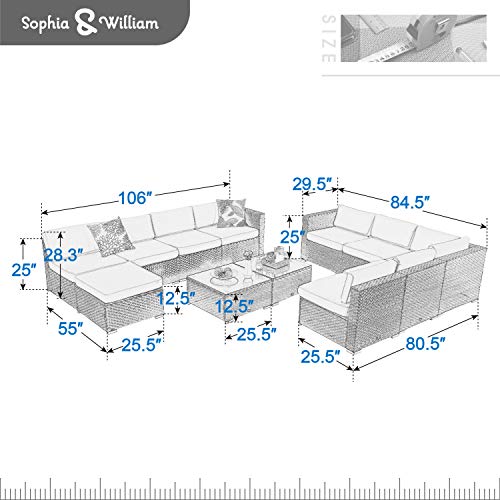 Sophia & William Outdoor Patio Furniture Set 12 Piece Low-Back Rattan Wicker Sectional Sofa Patio Conversation Set, Navy Blue