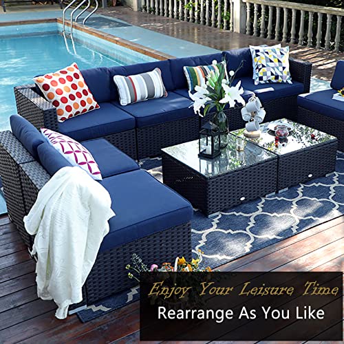 Sophia & William Outdoor Patio Furniture Set 12 Piece Low-Back Rattan Wicker Sectional Sofa Patio Conversation Set, Navy Blue