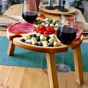 Wooden Outdoor Folding Picnic Table,Portable Creative 2 in 1 Wine Glass Rack Compartmental Dish for Cheese and Fruit,Collapsible Table for Lawn,Beach,Outdoors,Garden,Travel Brown-13.8"