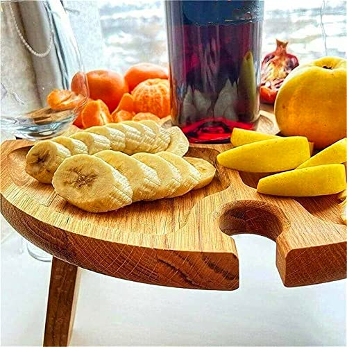 Wooden Outdoor Folding Picnic Table,Portable Creative 2 in 1 Wine Glass Rack Compartmental Dish for Cheese and Fruit,Collapsible Table for Lawn,Beach,Outdoors,Garden,Travel Brown-13.8"