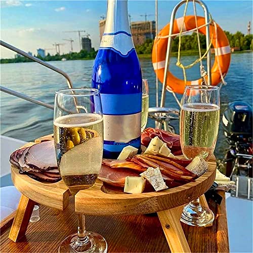 Wooden Outdoor Folding Picnic Table,Portable Creative 2 in 1 Wine Glass Rack Compartmental Dish for Cheese and Fruit,Collapsible Table for Lawn,Beach,Outdoors,Garden,Travel Brown-13.8"