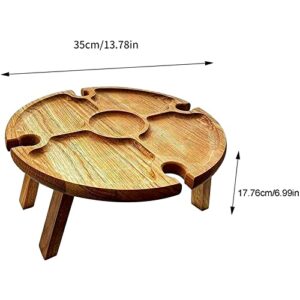 Wooden Outdoor Folding Picnic Table,Portable Creative 2 in 1 Wine Glass Rack Compartmental Dish for Cheese and Fruit,Collapsible Table for Lawn,Beach,Outdoors,Garden,Travel Brown-13.8"