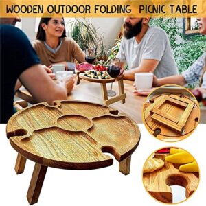 Wooden Outdoor Folding Picnic Table,Portable Creative 2 in 1 Wine Glass Rack Compartmental Dish for Cheese and Fruit,Collapsible Table for Lawn,Beach,Outdoors,Garden,Travel Brown-13.8"