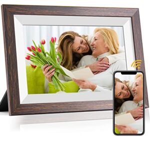 wifi digital picture frame 10.1 inch smart digital photo frame with ips touch screen hd display, 16gb storage easy setup to share photos or videos anywhere via free frameo app (brown wood frame)