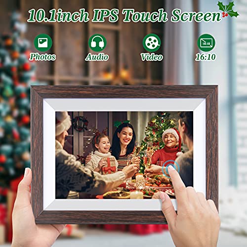 WiFi Digital Picture Frame 10.1 Inch Smart Digital Photo Frame with IPS Touch Screen HD Display, 16GB Storage Easy Setup to Share Photos or Videos Anywhere via Free Frameo APP (Brown Wood Frame)