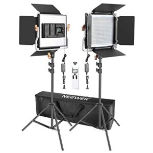 neewer 2 packs advanced 2.4g 480 led video light photography lighting kit with bag, dimmable bi-color led panel with 2.4g wireless remote, lcd screen and light stand for portrait product photography