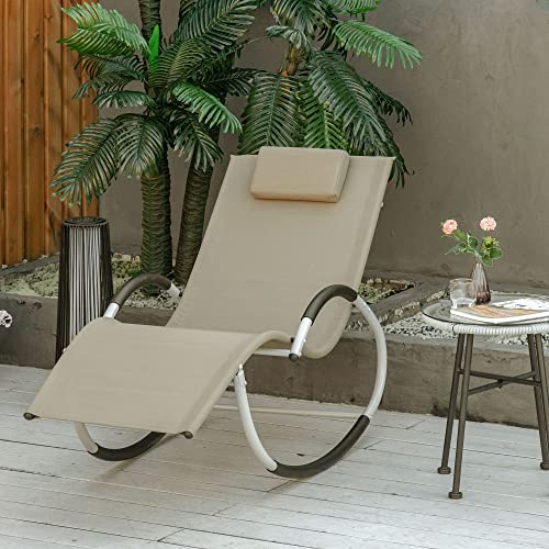 Outsunny Outdoor Rocking Chair with Detachable Pillow, Zero Gravity Patio Chaise Sun Lounger Chair with Breathable Mesh Fabric, and Curved Armrests for Lawn, Garden or Pool, Sand