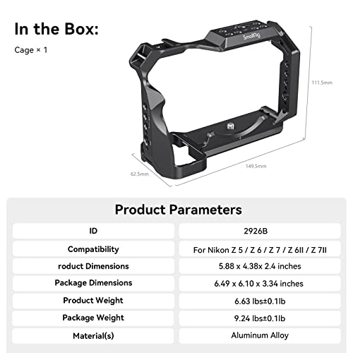 SmallRig Aluminum Alloy Cage for Nikon Z5 / Z6 / Z7 / Z6II / Z7II Camera with Built-in NATO Rail and Cold Shoe Mount for Microphone and Light 2926