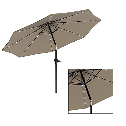 Pure Garden 50-LG1175 Patio Umbrella – 10 Foot Pool and Deck Shade with Solar Powered LED Lights Crank Tilt and Fade Resistant, UV Protection Canopy (Sand), feet