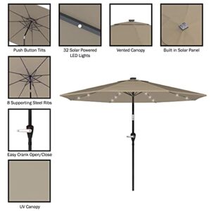 Pure Garden 50-LG1175 Patio Umbrella – 10 Foot Pool and Deck Shade with Solar Powered LED Lights Crank Tilt and Fade Resistant, UV Protection Canopy (Sand), feet