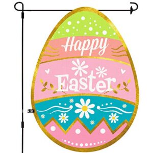 whaline happy easter garden flag colorful easter egg shaped yard flag with rubber stopper and windproof clip double-sided waterproof spring holiday outdoor burlap fabric flag for patio lawn