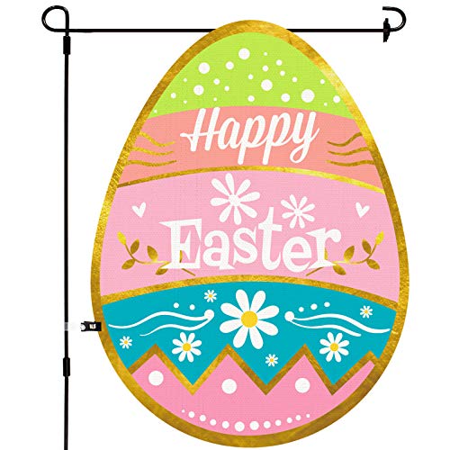 Whaline Happy Easter Garden Flag Colorful Easter Egg Shaped Yard Flag with Rubber Stopper and Windproof Clip Double-Sided Waterproof Spring Holiday Outdoor Burlap Fabric Flag for Patio Lawn