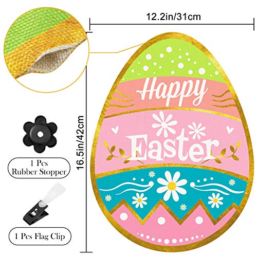 Whaline Happy Easter Garden Flag Colorful Easter Egg Shaped Yard Flag with Rubber Stopper and Windproof Clip Double-Sided Waterproof Spring Holiday Outdoor Burlap Fabric Flag for Patio Lawn