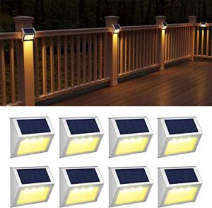 solar outdoor lights, 8 pack solar fence lights, deck lights solar powered waterproof outside lights for garden patio yard stair step wall railing post led lamp,warm white