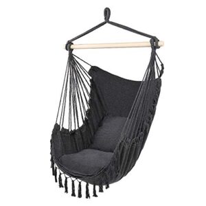 gappys tassel hammock hanging chair – cotton rope swing seat – max 250 lbs – 2 cushions included – for indoor outdoor bedroom garden yard patio porch (black), 47 x 31 inch (macrame hammock chair)