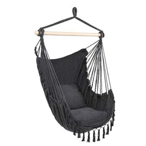 Gappys Tassel Hammock Hanging Chair - Cotton Rope Swing Seat - Max 250 Lbs - 2 Cushions Included - for Indoor Outdoor Bedroom Garden Yard Patio Porch (Black), 47 x 31 inch (macrame hammock chair)