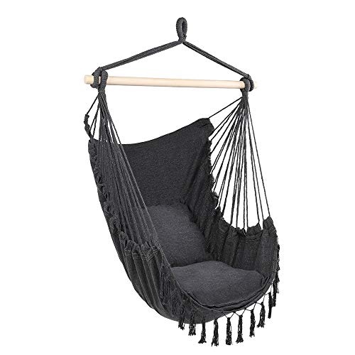 Gappys Tassel Hammock Hanging Chair - Cotton Rope Swing Seat - Max 250 Lbs - 2 Cushions Included - for Indoor Outdoor Bedroom Garden Yard Patio Porch (Black), 47 x 31 inch (macrame hammock chair)