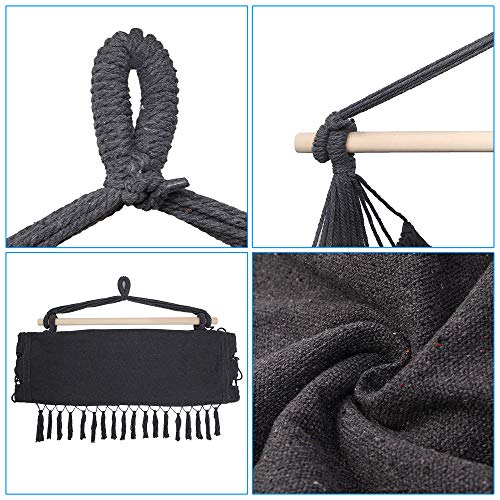 Gappys Tassel Hammock Hanging Chair - Cotton Rope Swing Seat - Max 250 Lbs - 2 Cushions Included - for Indoor Outdoor Bedroom Garden Yard Patio Porch (Black), 47 x 31 inch (macrame hammock chair)
