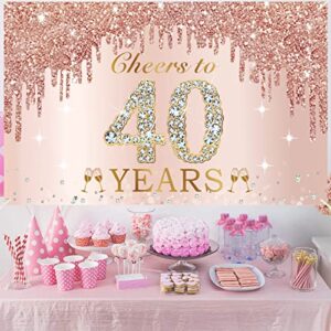 Large Cheers to 40 Years Birthday Decorations for Women, Pink Rose Gold Happy 40th Birthday Banner Backdrop Party Supplies, Forty Birthday Poster Background Sign Decor