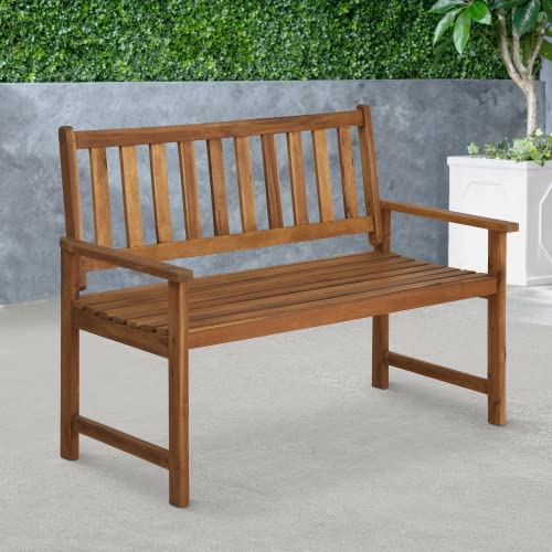 Yewuli Patio Bench Park Garden Bench Acacia Wood Outdoor Bench with Armrests, 350Lbs Weight Capacity Wooden Furniture Front Porch Chair Bench for Pool Beach Backyard Balcony Porch Deck