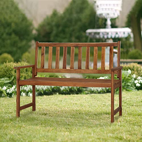 Yewuli Patio Bench Park Garden Bench Acacia Wood Outdoor Bench with Armrests, 350Lbs Weight Capacity Wooden Furniture Front Porch Chair Bench for Pool Beach Backyard Balcony Porch Deck