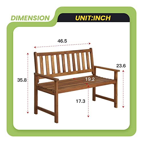 Yewuli Patio Bench Park Garden Bench Acacia Wood Outdoor Bench with Armrests, 350Lbs Weight Capacity Wooden Furniture Front Porch Chair Bench for Pool Beach Backyard Balcony Porch Deck